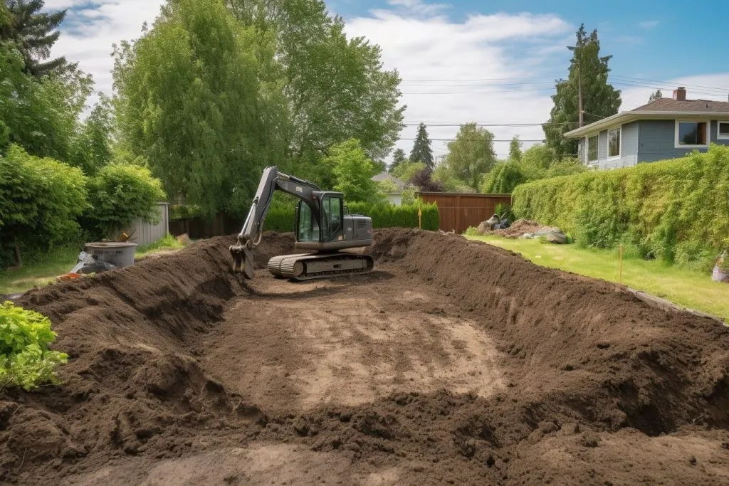 digger digging a septic tank system into backyard for new septic tank