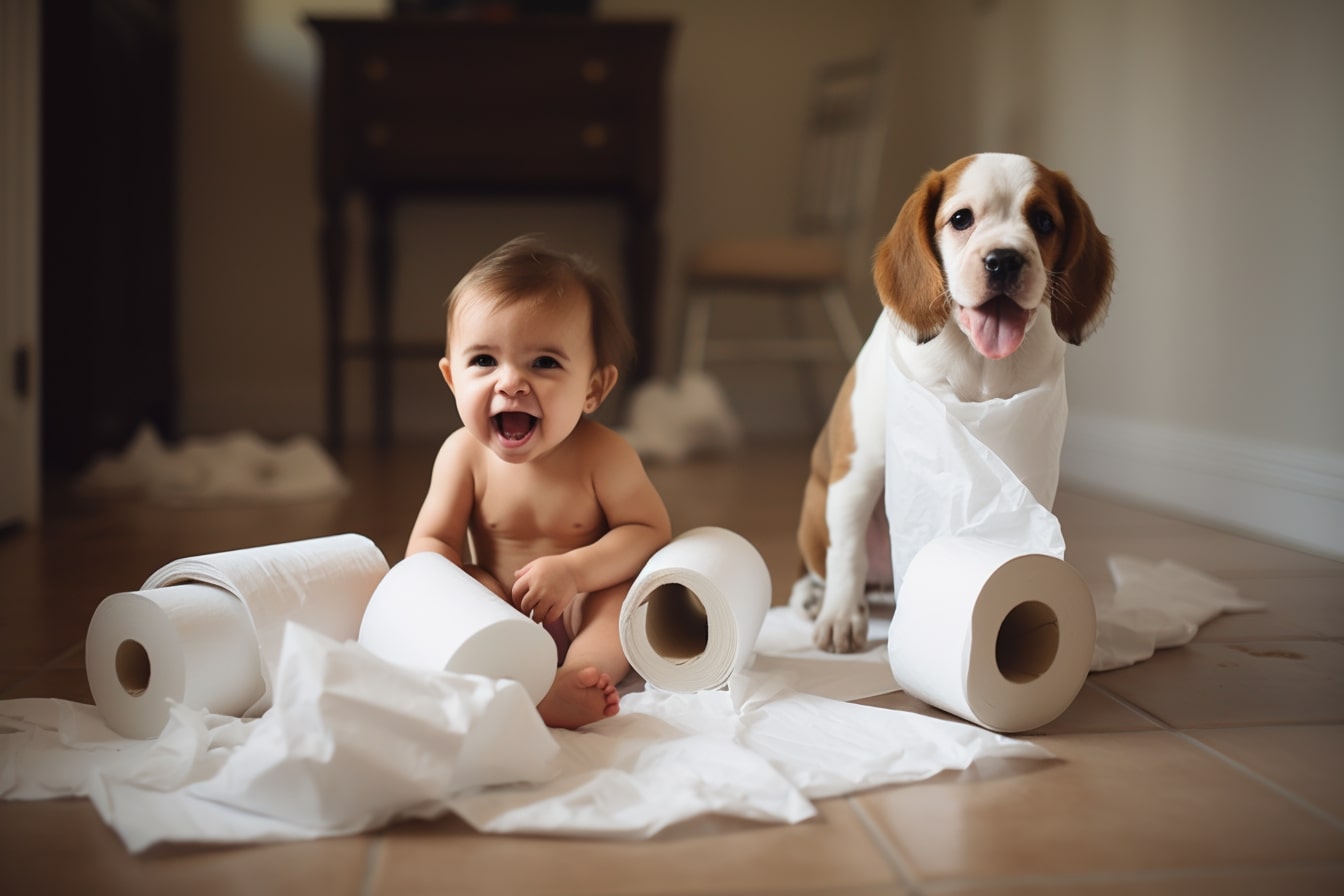 baby playing with toilet paper